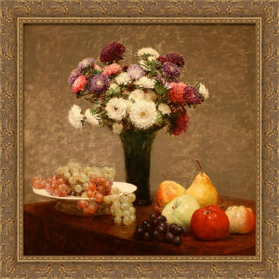 Asters and Fruit on a Table 28x28 Large Gold Ornate Wood Framed Canvas Art by Henri Fantin-Latour