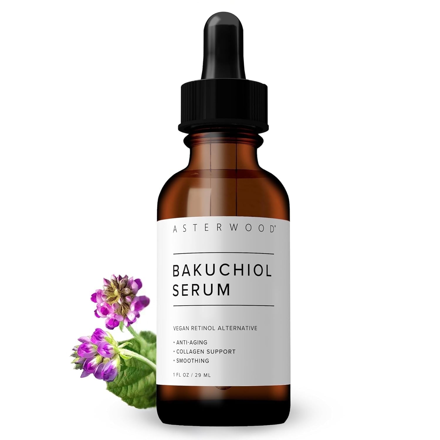 Asterwood Bakuchiol Serum Face Retinol Alternative, Anti-Aging and Wrinkle Reducing, Fragrance-Free, 1 fl oz