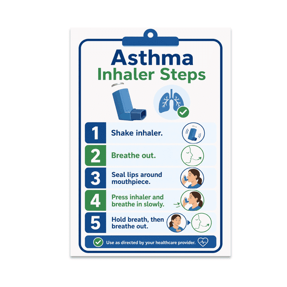 Asthma Inhaler Steps Clipboard Chart - Health Enthusiast - 13x19 Poster Print