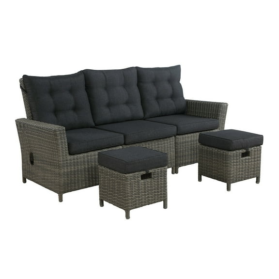 Asti All-Weather Wicker 3-Piece Outdoor Seating Set with Reclining Sofa and Two 15" Ottomans