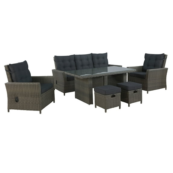 Asti All-Weather Wicker 6-Piece Outdoor Seating Set with Reclining Sofa, Two Reclining Chairs with Two Ottomans and 26"H Cocktail Table