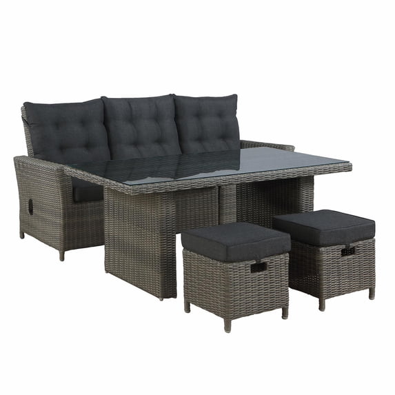 Asti All-Weather Wicker 4-Piece Outdoor Seating Set with Reclining Sofa, 26" H Cocktail Table and Two Ottomans