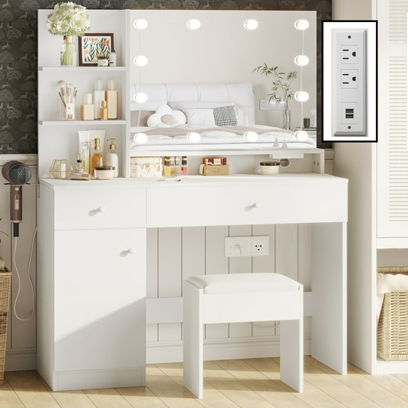 Astimey Makeup Vanity Desk with LED Lighted Mirror & Power Outlet, Vanity Set with Large Drawers, Cushioned Stool, 3 Color Lighting Modes Adjustable Brightness for Bedroom Studio (White)