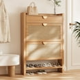 thumbnail image 1 of Shoe Cabinet with 2 Flip Drawers, Entryway Storage Organizer, Hidden Shoe Rack Narrow Freestanding Design Natural Oak, 1 of 9