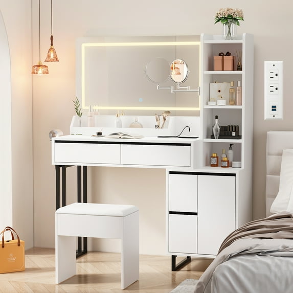Astimey Vanity Desk Set with LED Lighted Mirror, Makeup Table with Storage Shelves and Drawers, Adjustable Mirror, USB and Power Outlets, Vanity Stool for Bedroom White