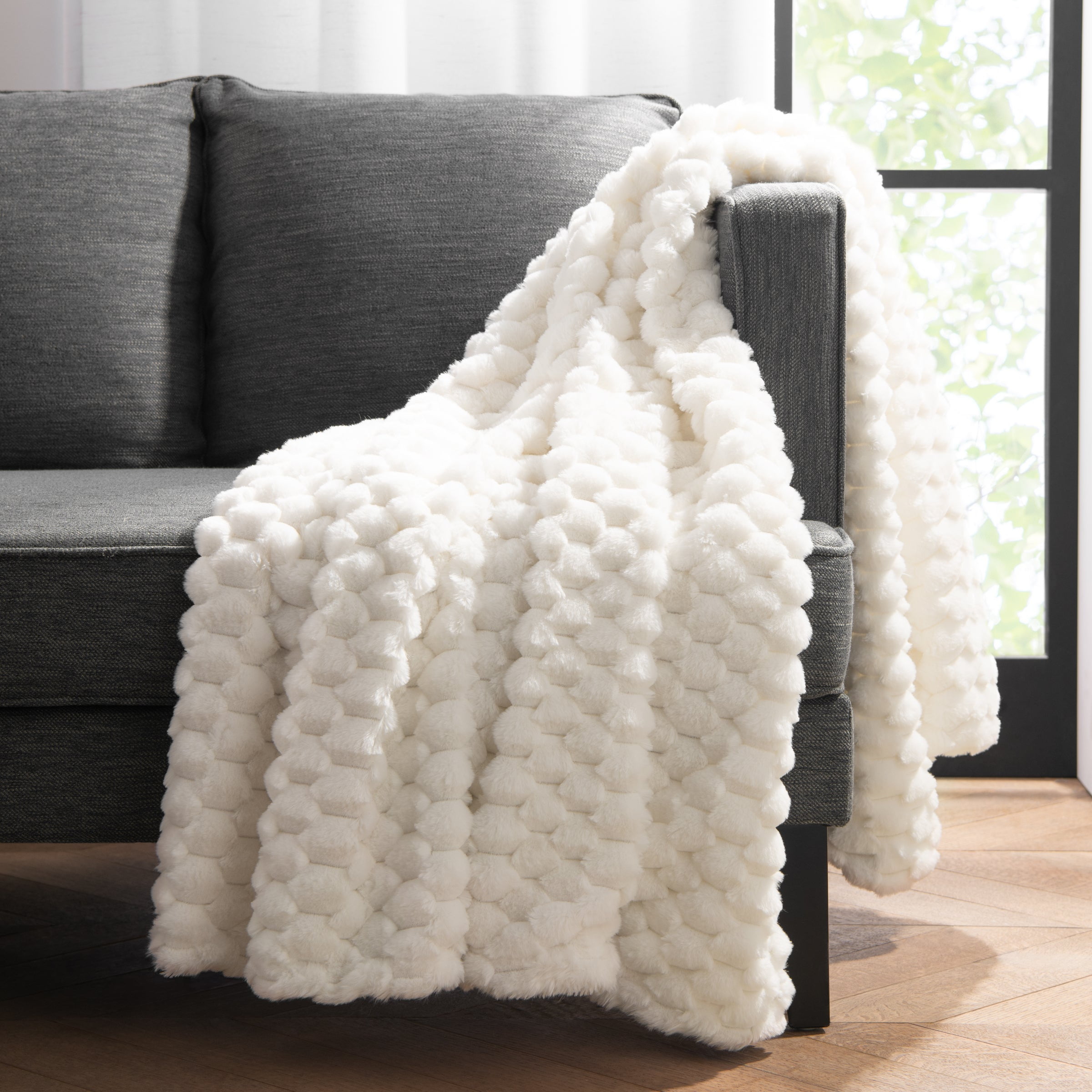 Ivory Faux Fur Reversible Throw Blanket 50x70