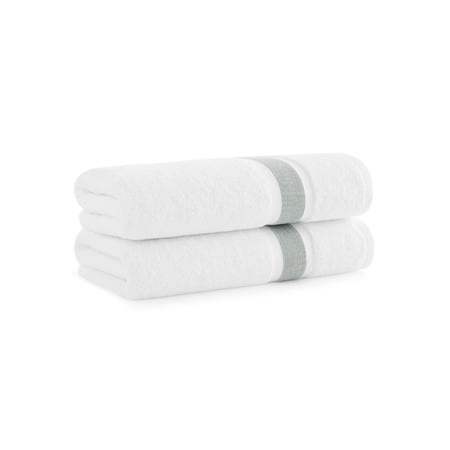 Aston & Arden Eco-Friendly Aegean Bath Towels (2 Pack), Recycled Ultra Plush Turkish Cotton, 30x60 in., White with Frosted Green Striped Woven Dobby