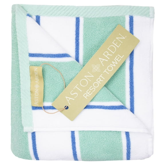 Aston & Arden Luxury Beach Towel, Oversized 35x70 in., Ultra Soft and Plush, Thick 600 GSM, Green and Blue Pinstripes