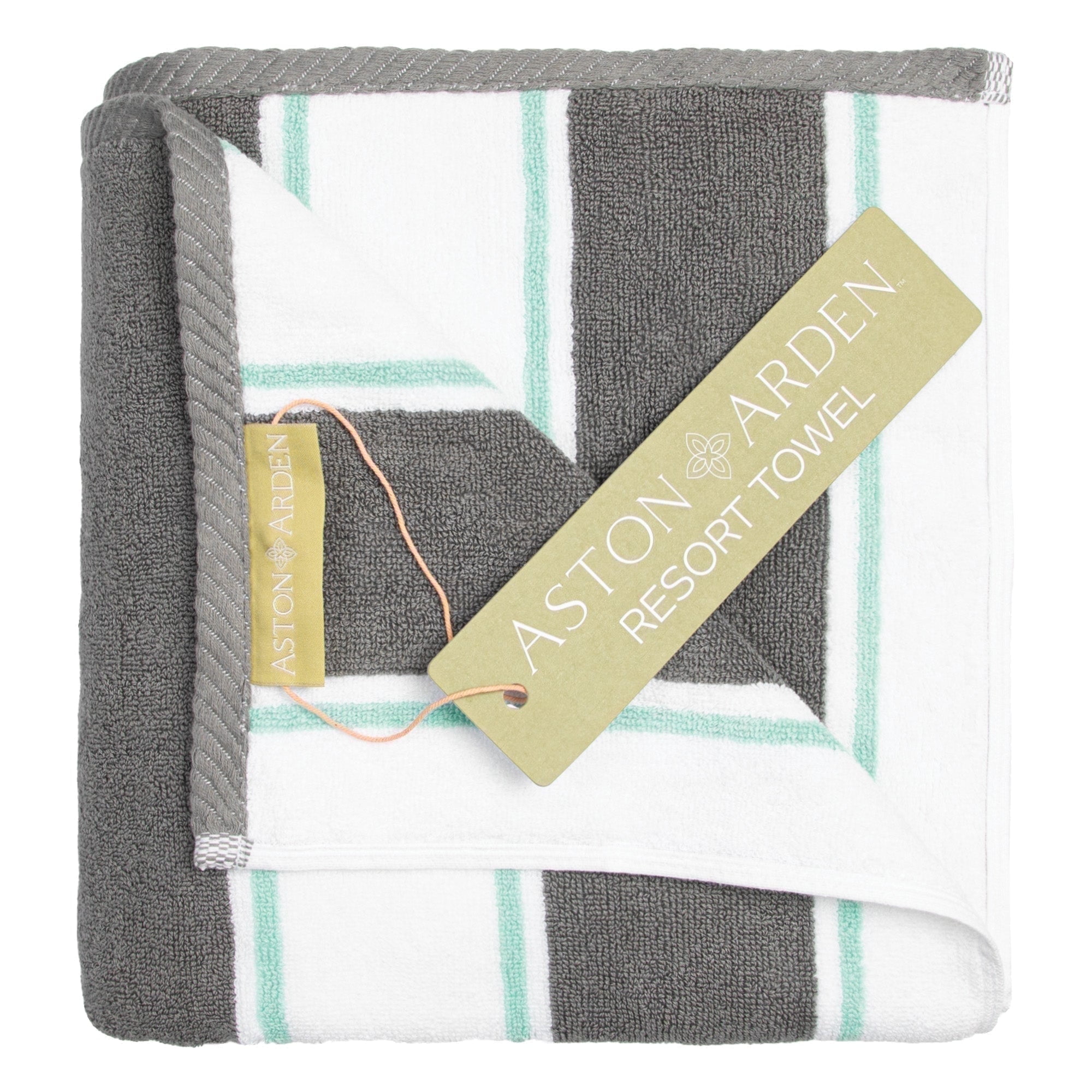 Aston & Arden Luxury Beach Towel, Oversized 35x70 in., Ultra Soft and Plush, Thick 600 GSM, Grey and Green Pinstripes