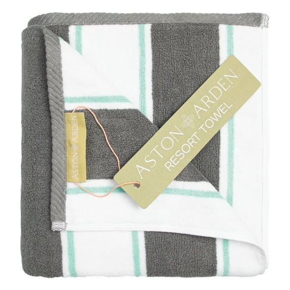 Aston & Arden Luxury Beach Towel, Oversized 35x70 in., Ultra Soft and Plush, Thick 600 GSM, Grey and Green Pinstripes