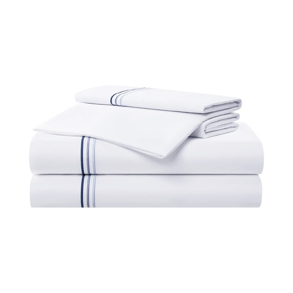 Aston & Arden Sateen 4-Piece Sheet Set (California King), Luxury 600 Thread Count, Silky Sateen Cotton, Pristine White with Fine Baratta Embroidered 3-Stripe Hem, Lapis Blue