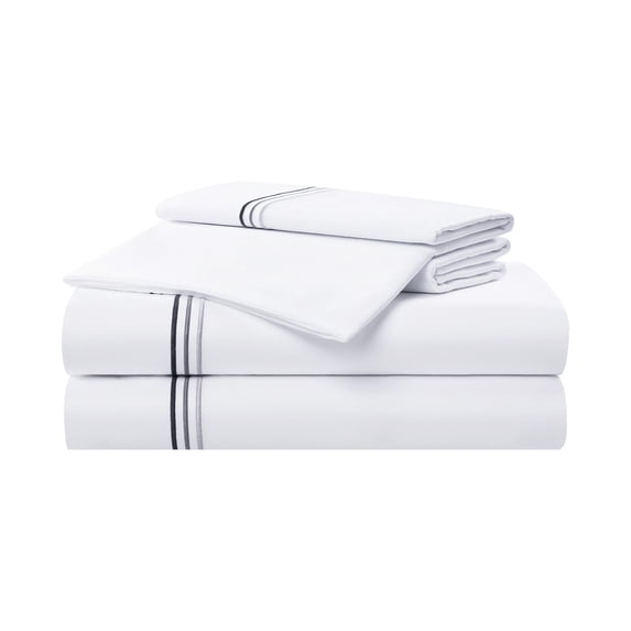 Aston & Arden Sateen 4-Piece Sheet Set (California King), Luxury 600 Thread Count, Silky Sateen Cotton, Pristine White with Fine Baratta Embroidered 3-Stripe Hem, Onyx Black