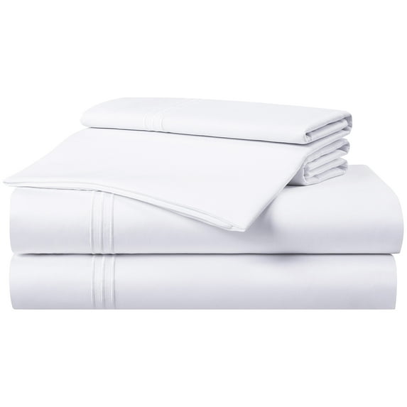 Aston & Arden Sateen 4-Piece Sheet Set (Full Bed Size), Luxury 600 Thread Count, Silky Sateen Cotton, Pristine White with Fine Baratta Embroidered 3-Stripe Hem, Dove White