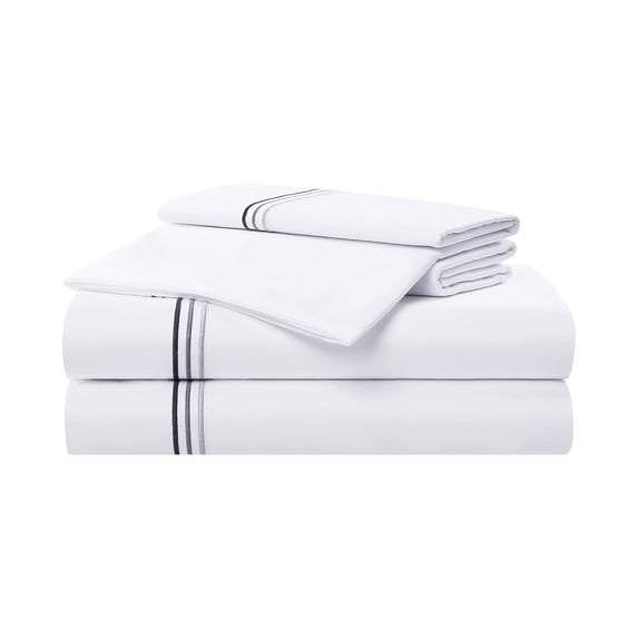 Aston & Arden Sateen 4-Piece Sheet Set (Full Bed Size), Luxury 600 Thread Count, Silky Sateen Cotton, Pristine White with Fine Baratta Embroidered 3-Stripe Hem, Onyx Black