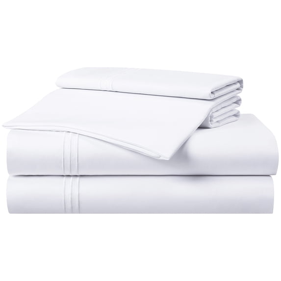 Aston & Arden Sateen 4-Piece Sheet Set (Queen Bed Size), Luxury 600 Thread Count, Silky Sateen Cotton, Pristine White with Fine Baratta Embroidered 3-Stripe Hem, Dove White