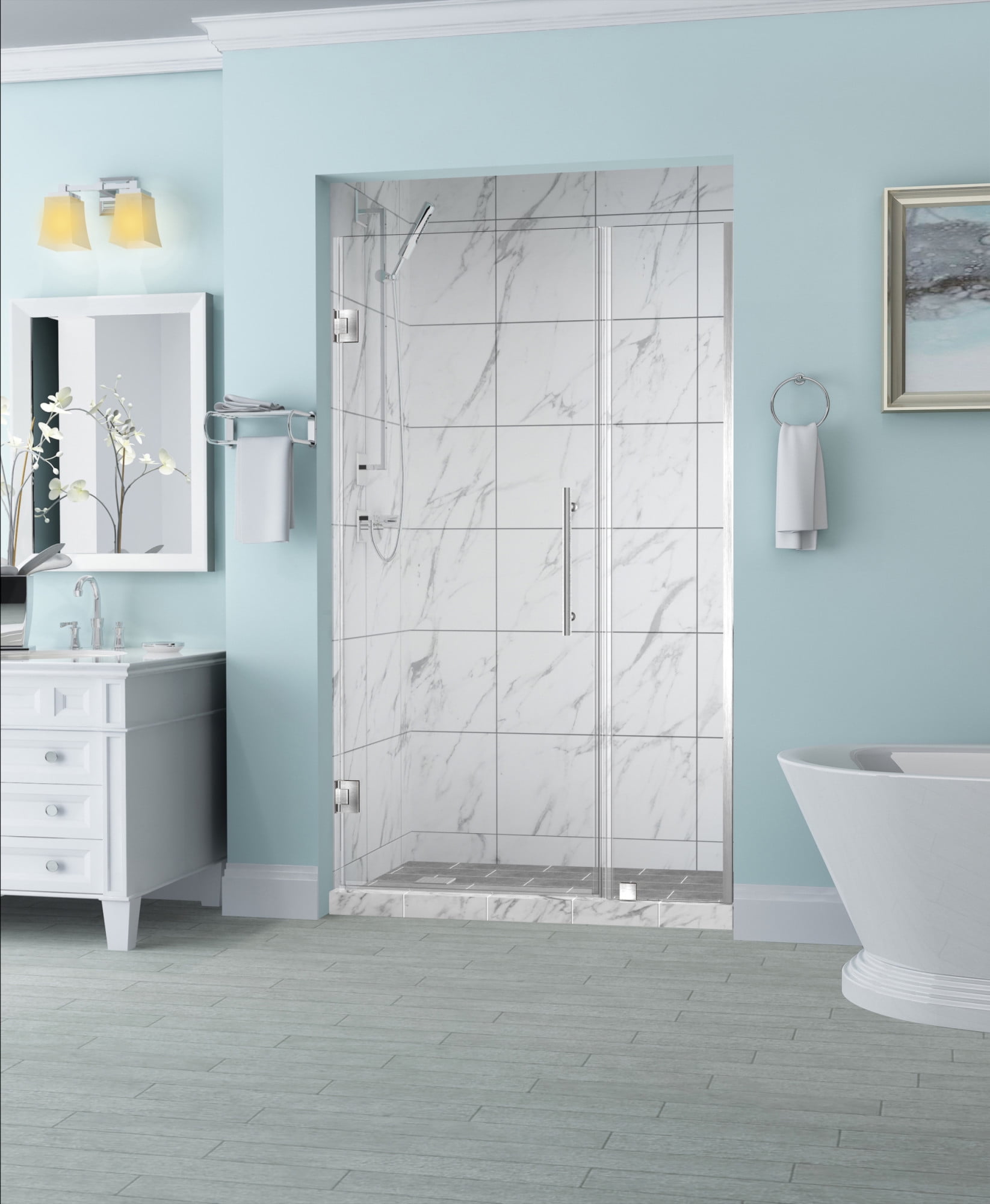 Belmore Frameless Clear Glass Hinged Shower Door with Stainless Steel Hardware