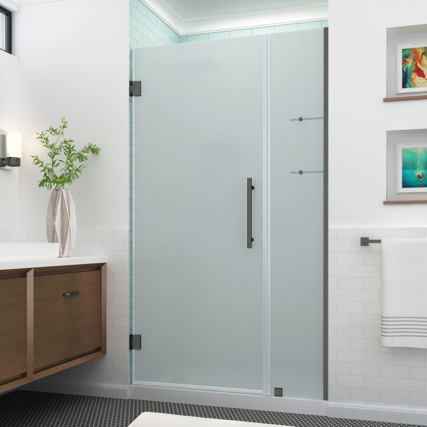 Matte Black Frameless Hinged Shower Door with Frosted Glass