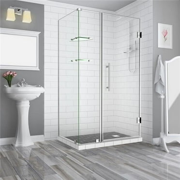 Aston SEN962EZ-SS-703638-10 BromleyGS 69.25 to 70.25 x 38.375 x 72 in. Frameless Corner Hinged Shower Enclosure with Glass Shelves - Stainless Steel
