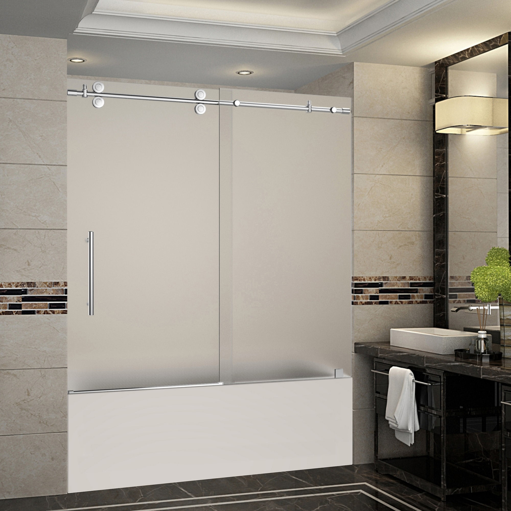Langham 60'' Chrome Frameless Sliding Tub Door with Frosted Glass
