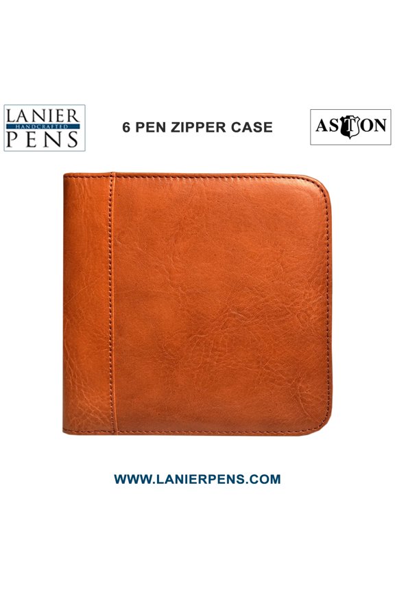 Aston Leather Pen Case Zippered Collectors - 6 Pen Holder Tan Case