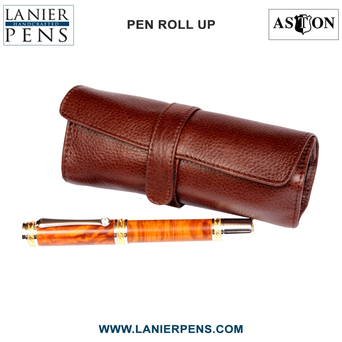 Aston Leather Roll Up Pen Case - 5 Pen Holder Roll Up Brown Case