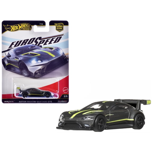 Aston Martin Vantage GTE Dark Gray Metallic with Lime Green Stripes "Euro Speed" Series Diecast Model Car by Hot Wheels
