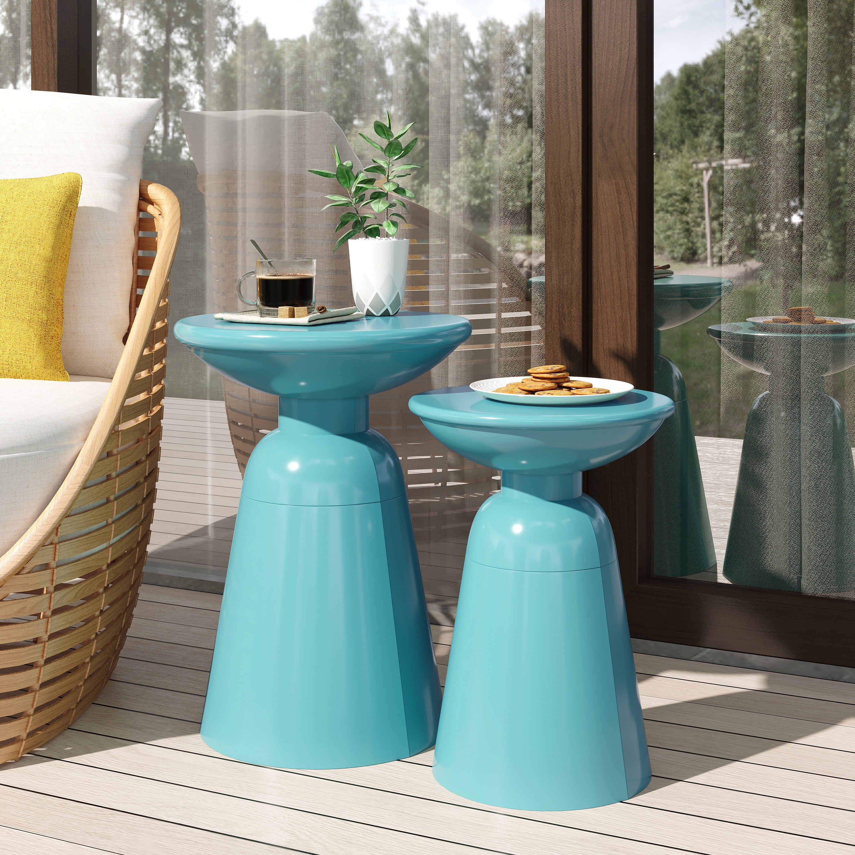 Aston Metal Outdoor Side Tables, Set of 2, Teal