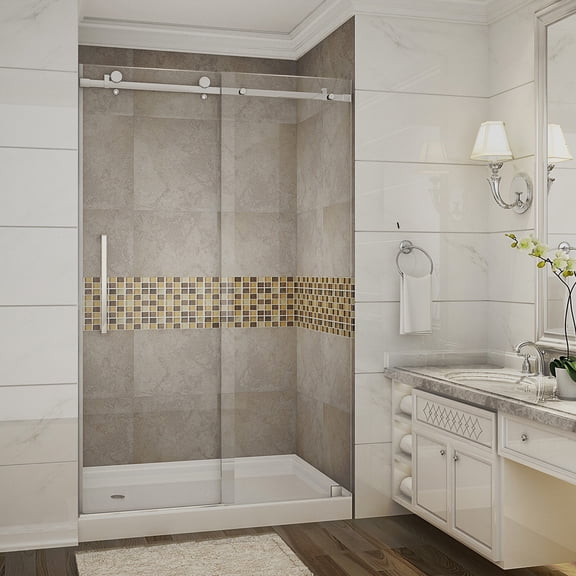 Aston SDR976-TR-SS-48-10-L Moselle 48" X 77.5" Frameless Sliding Shower Door - Stainless