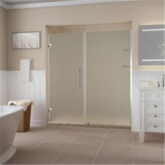 Aston SDR960F-SS-6232-10 72 x 61.25-62.25 x 0.375 in. Belmore Frameless Hinged Shower Door with Frosted Glass & Glass Shelves - Stainless Steel
