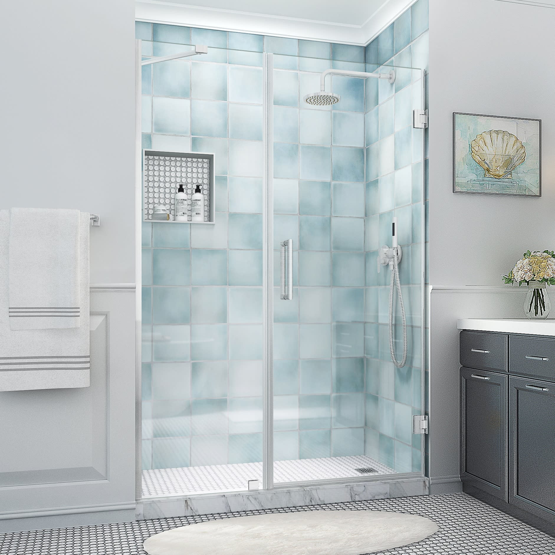 Belmore XL 80" High x 56" Wide Frameless Hinged Shower Door in Stainless Steel