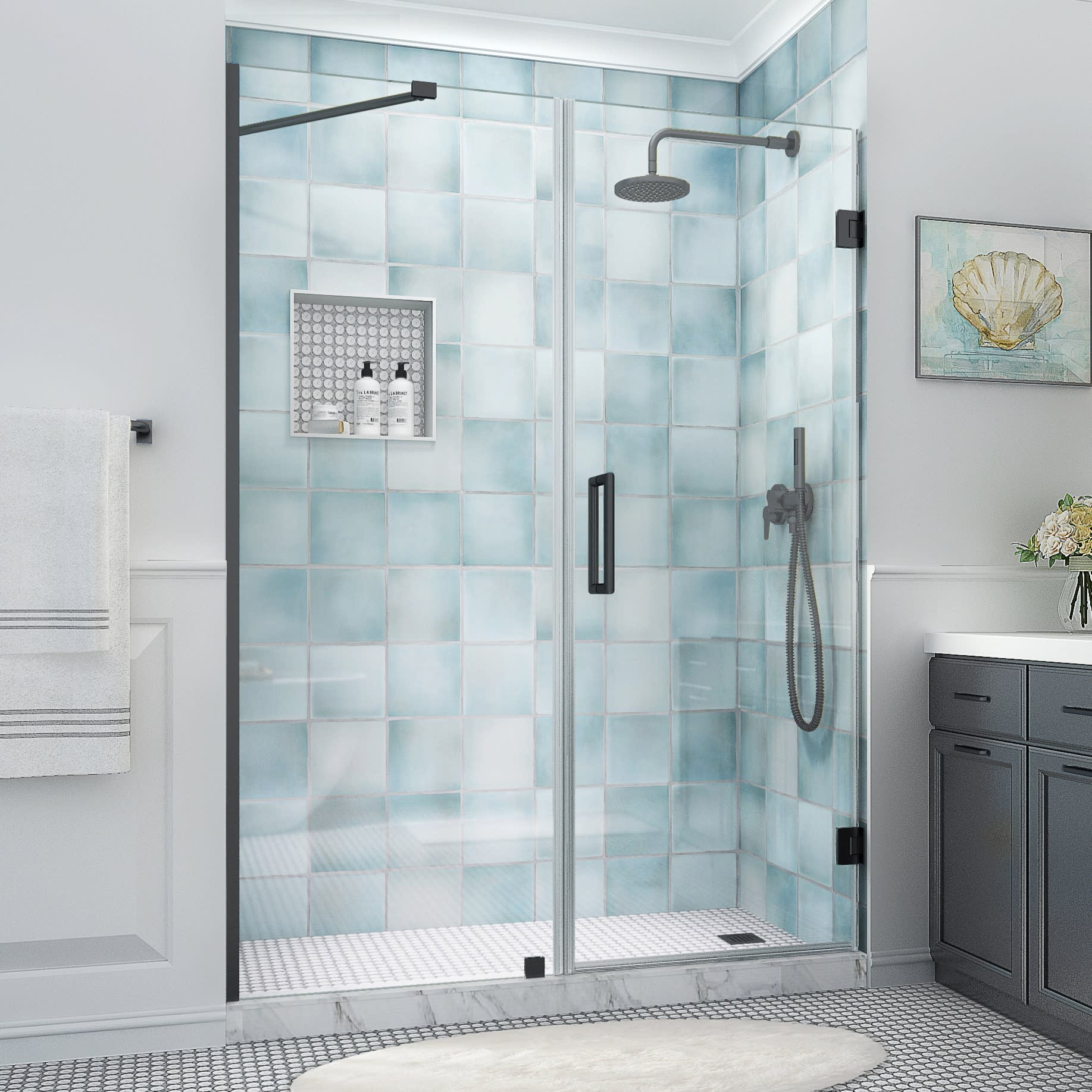 Belmore XL Matte Black Frameless Hinged Shower Door with Clear Glass