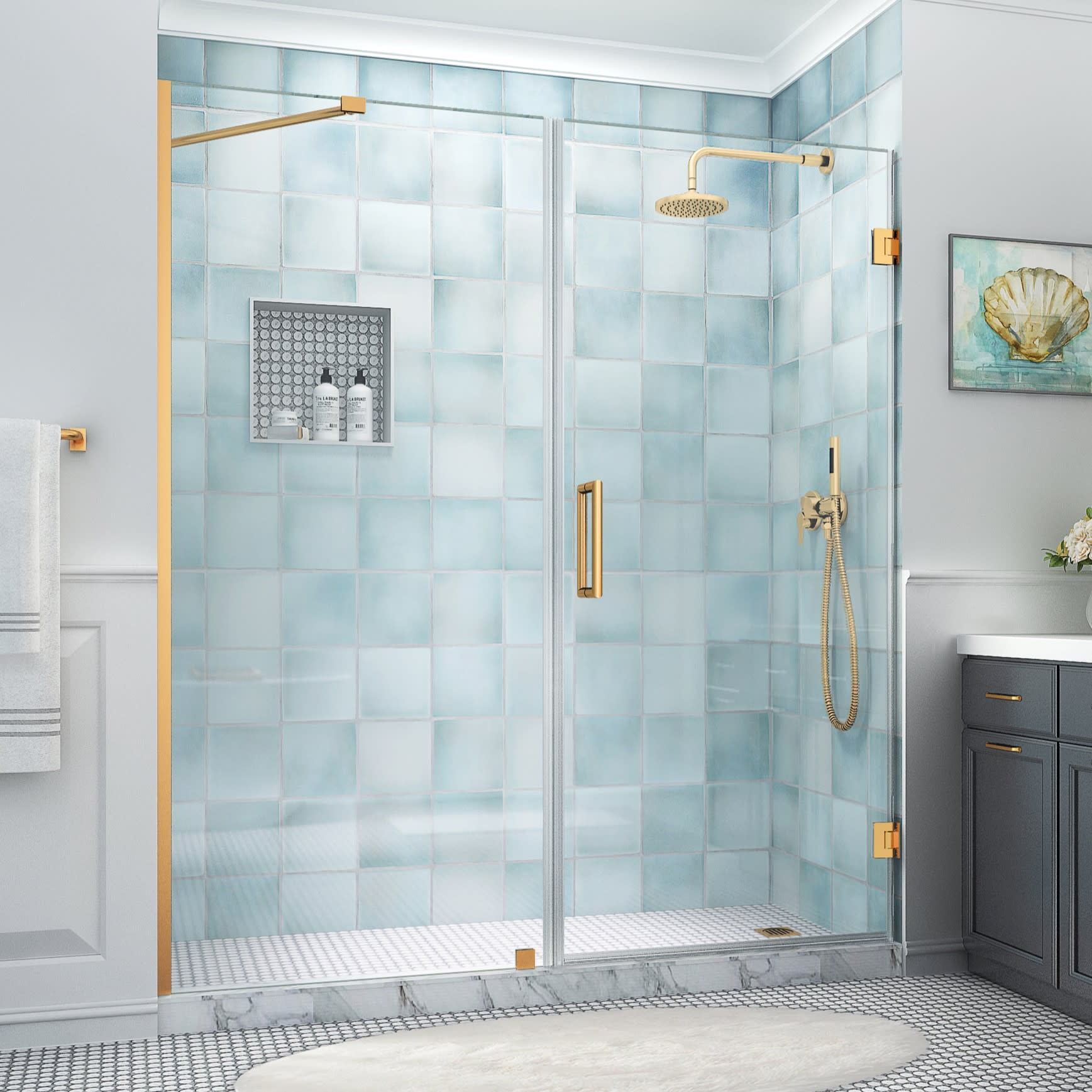 Belmore XL 80" High x 72" Wide Frameless Hinged Shower Door in Brushed Gold