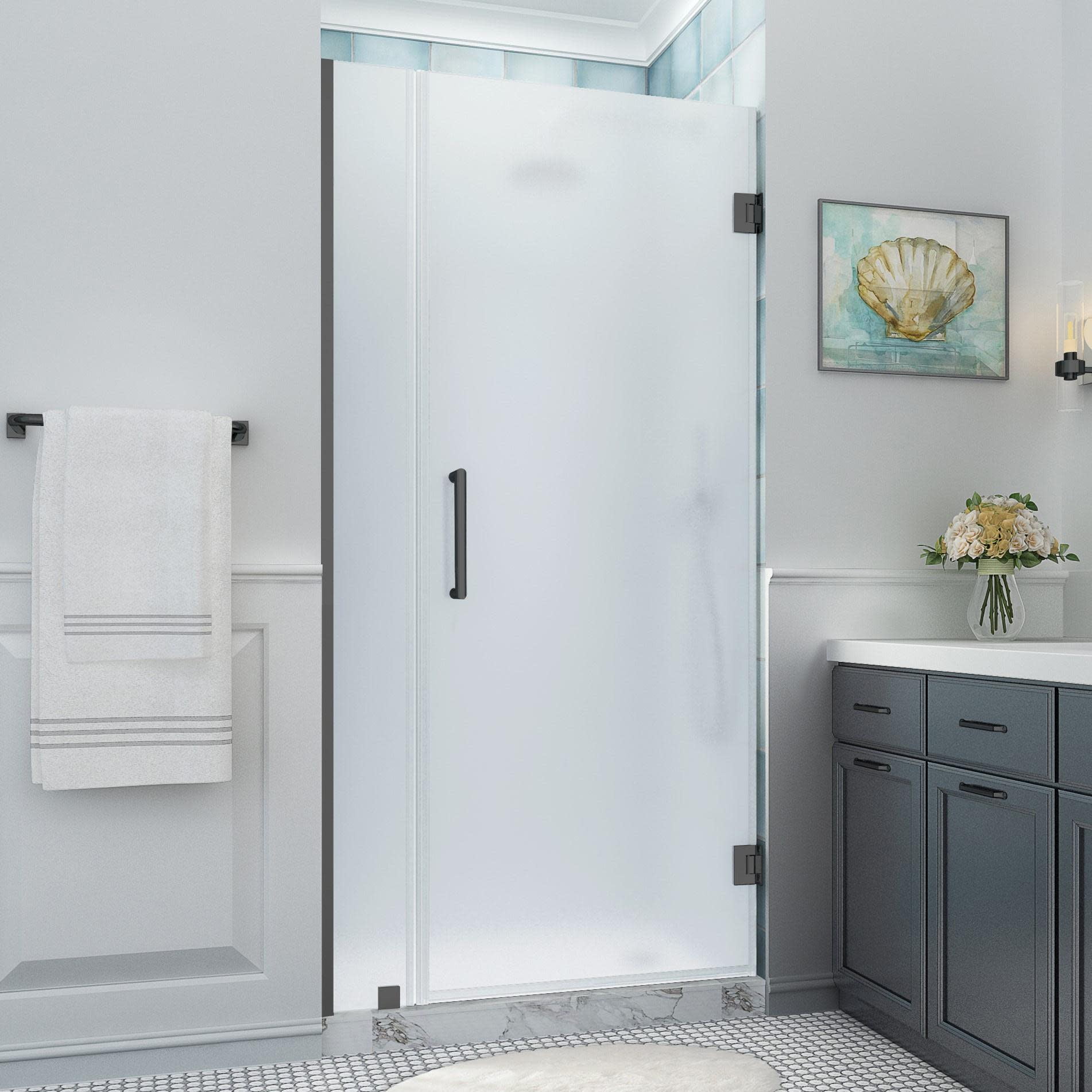 Belmore XL Matte Black Frameless Hinged Shower Door with Frosted Glass