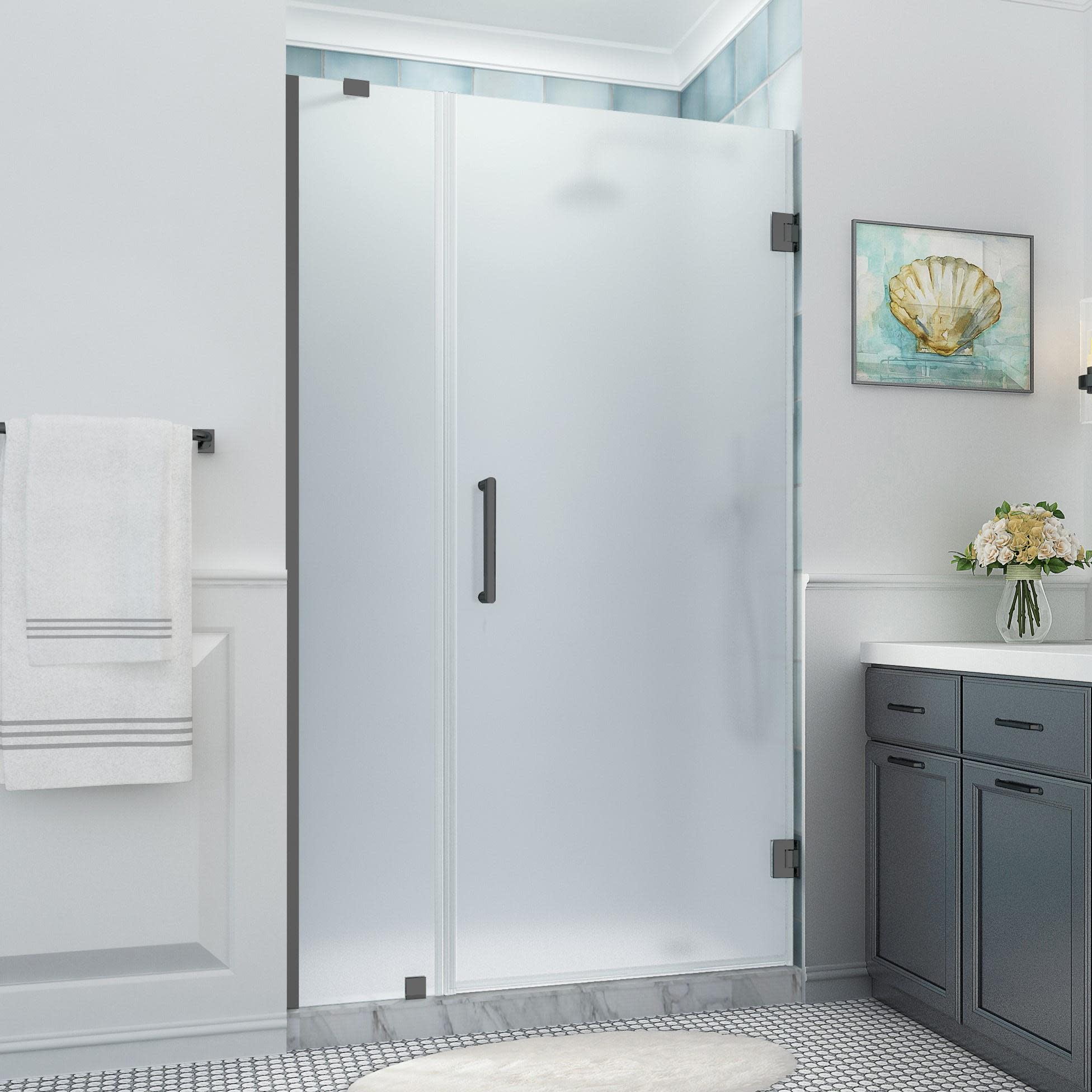 Belmore XL Matte Black Frameless Hinged Shower Door with Frosted Glass