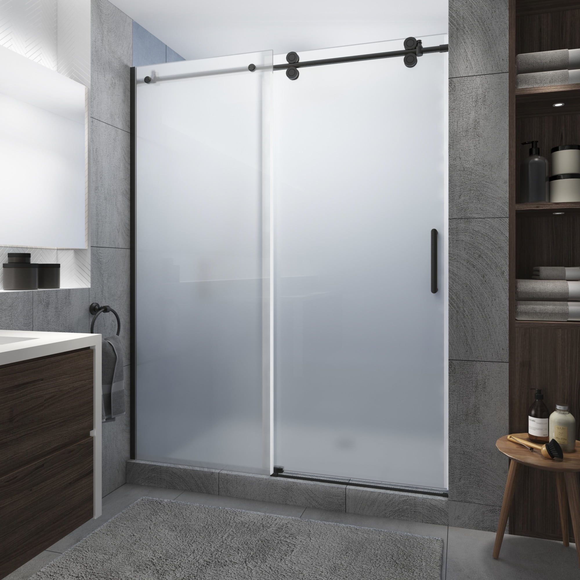 Langham XL Matte Black Frameless Sliding Shower Door with Frosted Glass