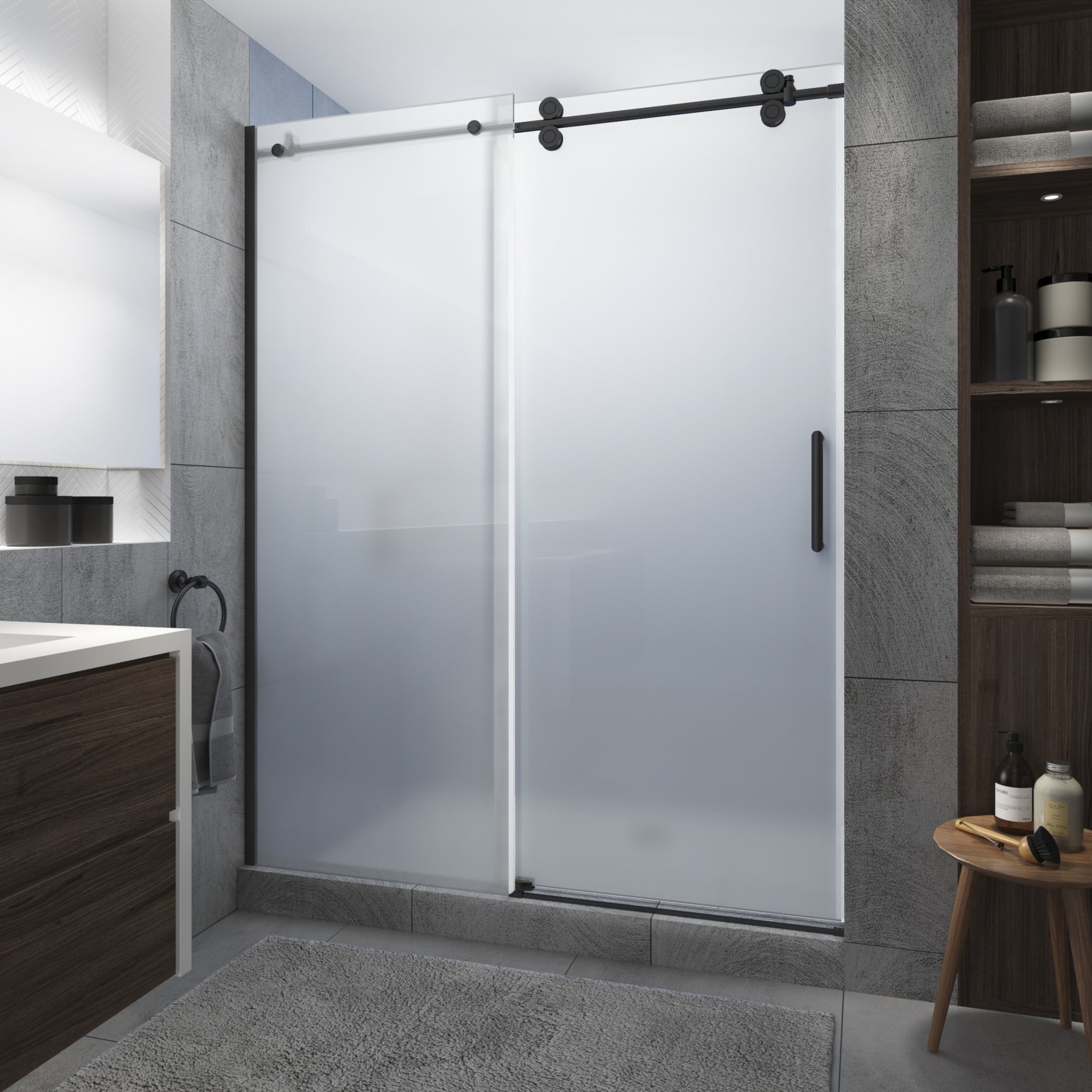 Langham XL Oil Rubbed Bronze Frameless Sliding Shower Door with Frosted Glass
