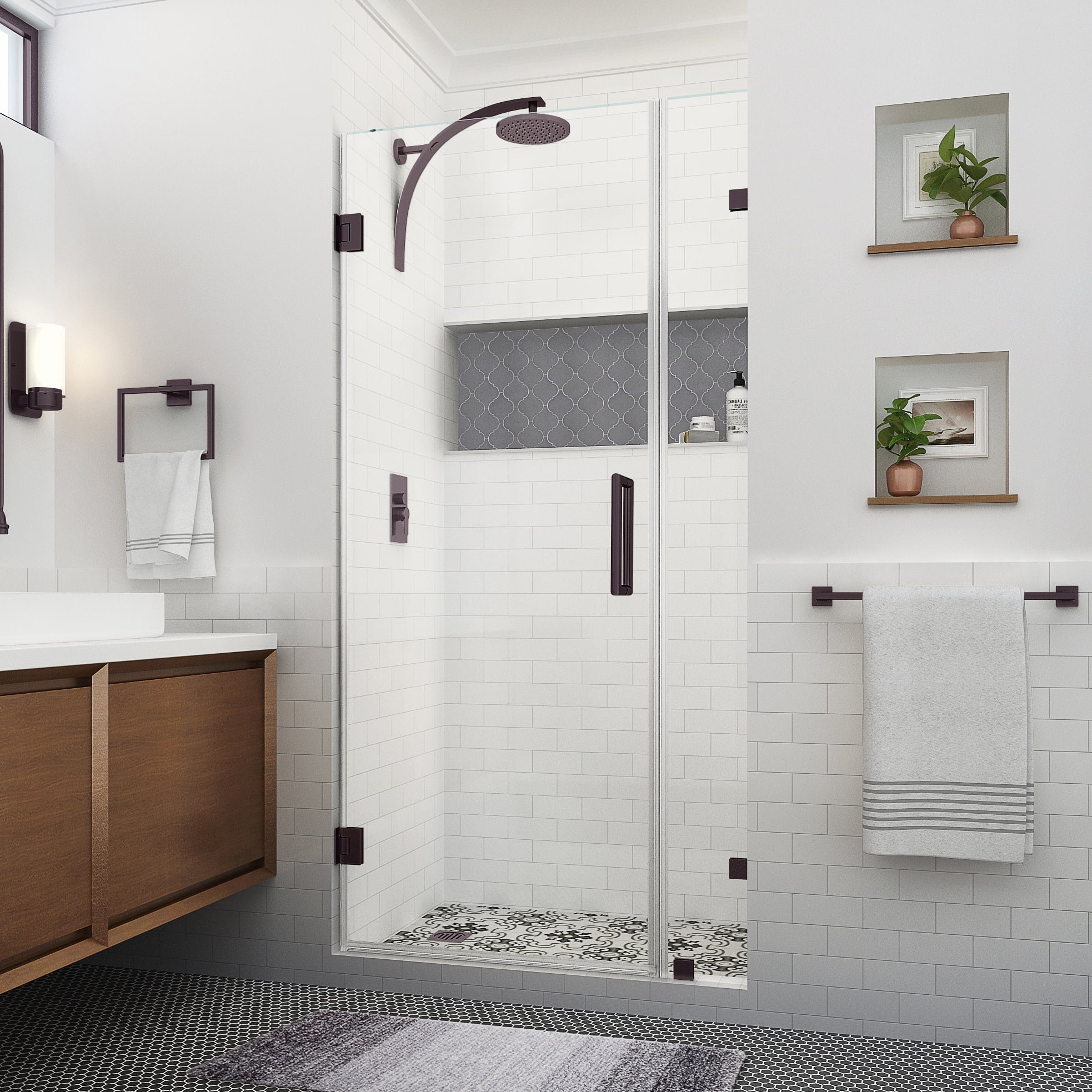 Bronze Frameless Hinged Shower Door with Clear Glass