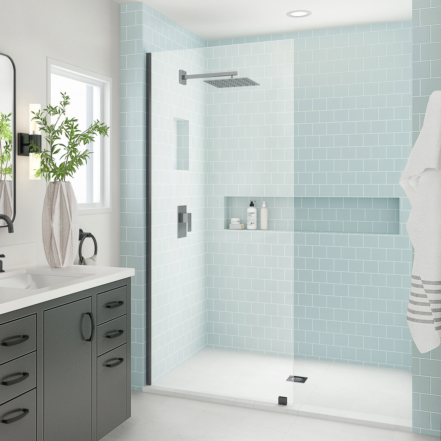 Elyse XL Matte Black Frameless Shower Door with Clear Glass