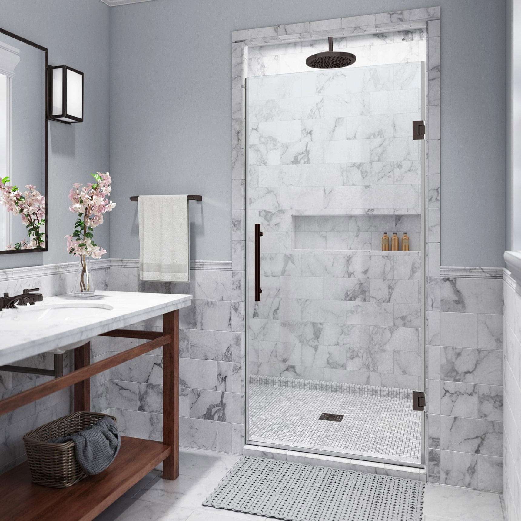 Kinkade 32" x 72" Frameless Clear Glass Shower Door with Bronze Hardware