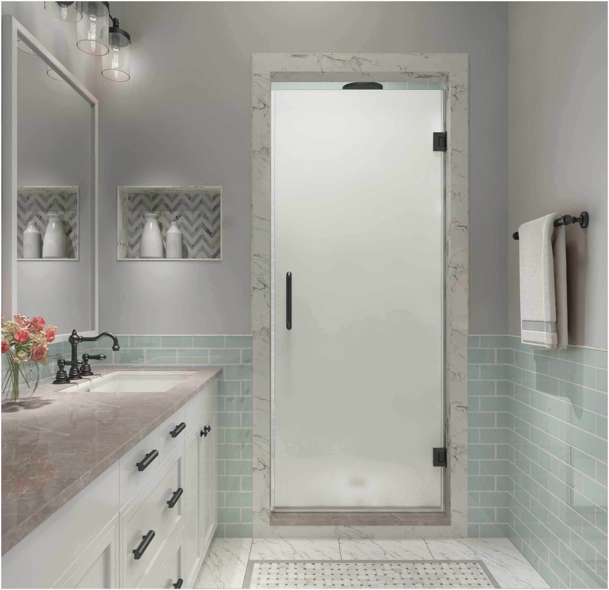 Kinkade XL Matte Black Frameless Hinged Shower Door with Frosted Glass