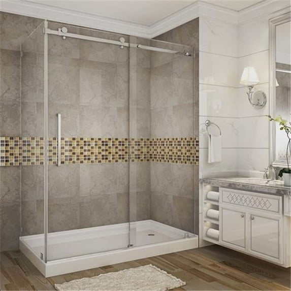 AstonGlobal SEN976-TR-SS-60-10-R Moselle 60 x 35 x 77.5 in. Completely Frameless Sliding Shower Door Enclosure in Stainless Steel with Base- Right Drain