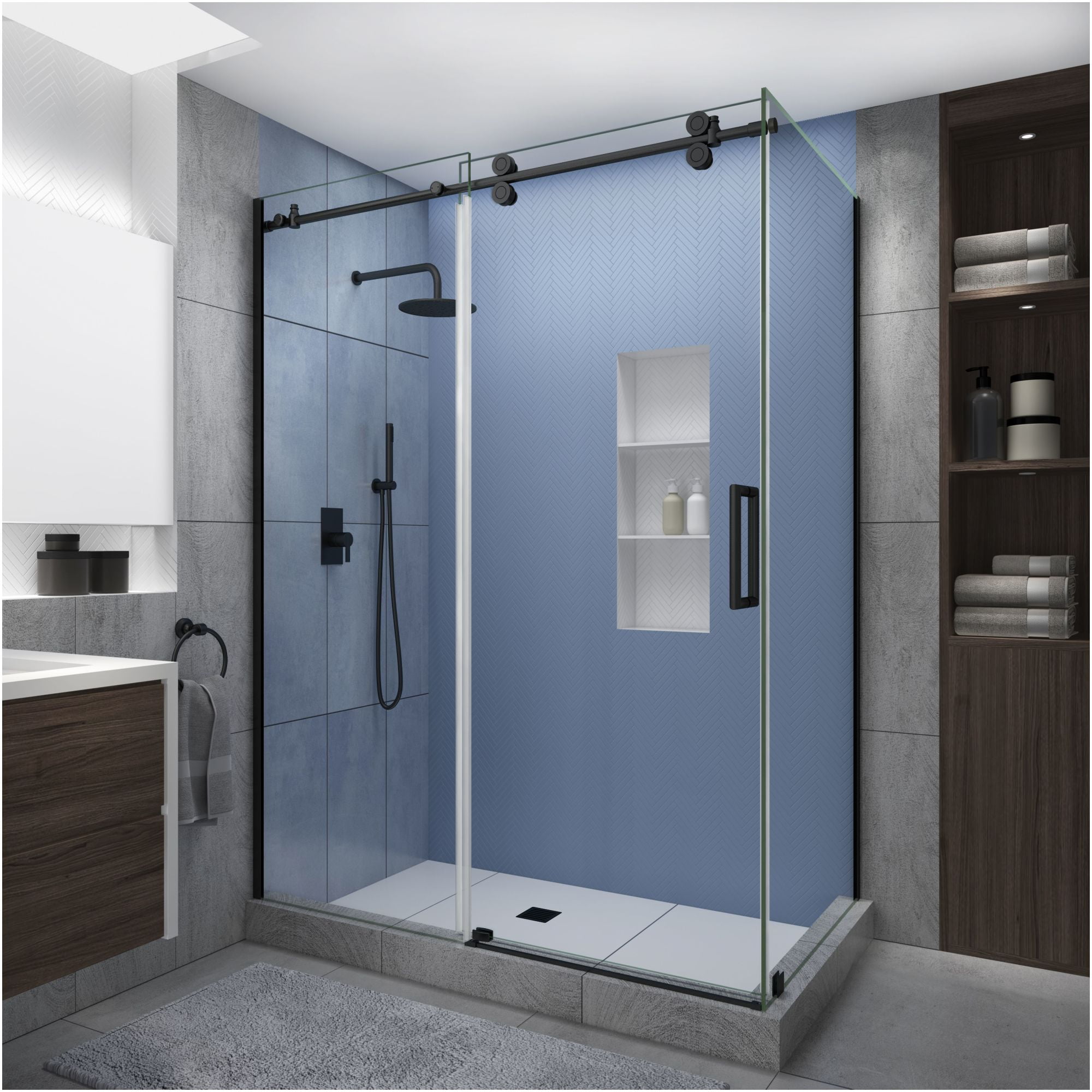 Langham XL Matte Black Frameless Sliding Shower Enclosure with Clear Glass