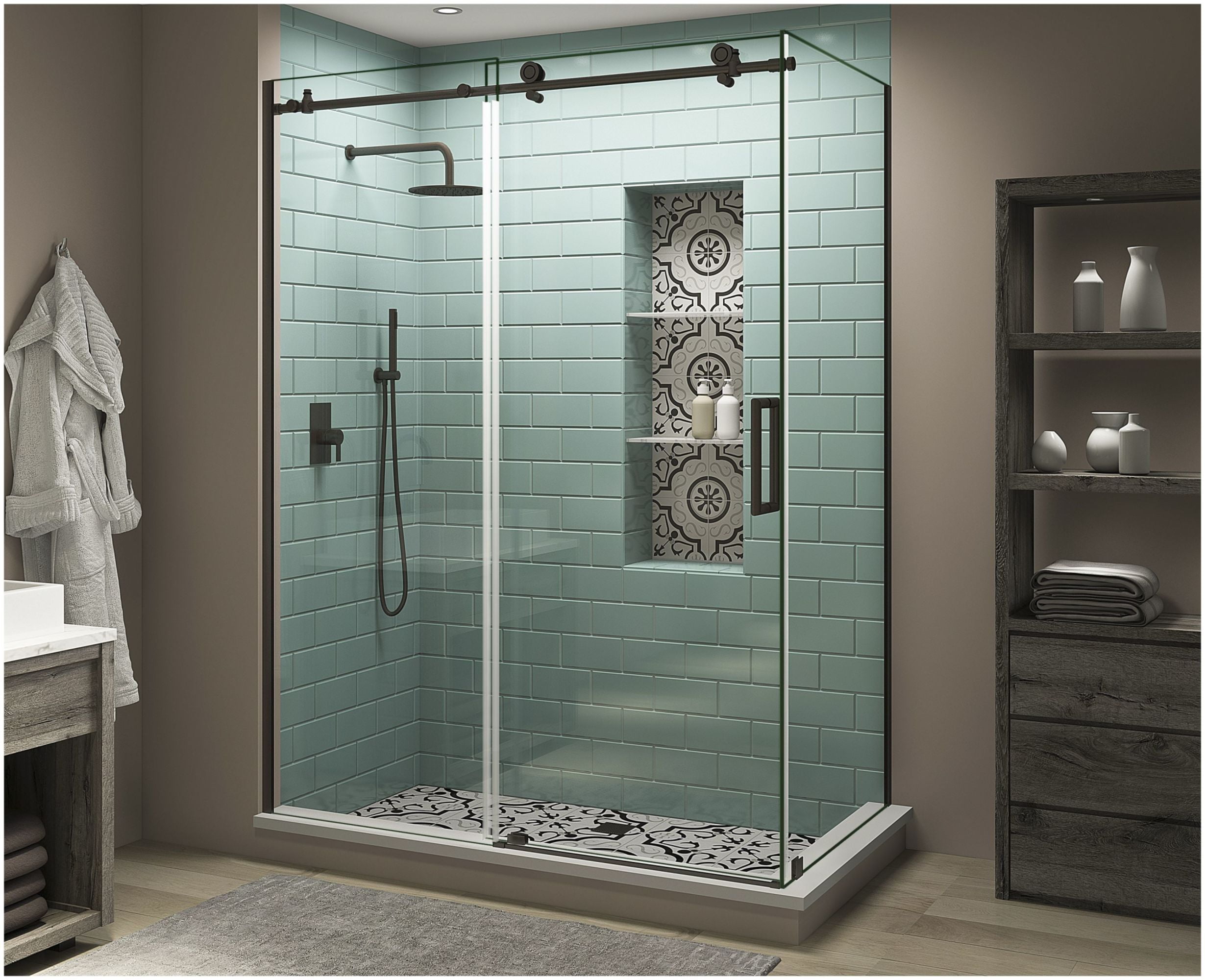 Coraline XL Frameless Clear Glass Sliding Shower Enclosure with Bronze Finish