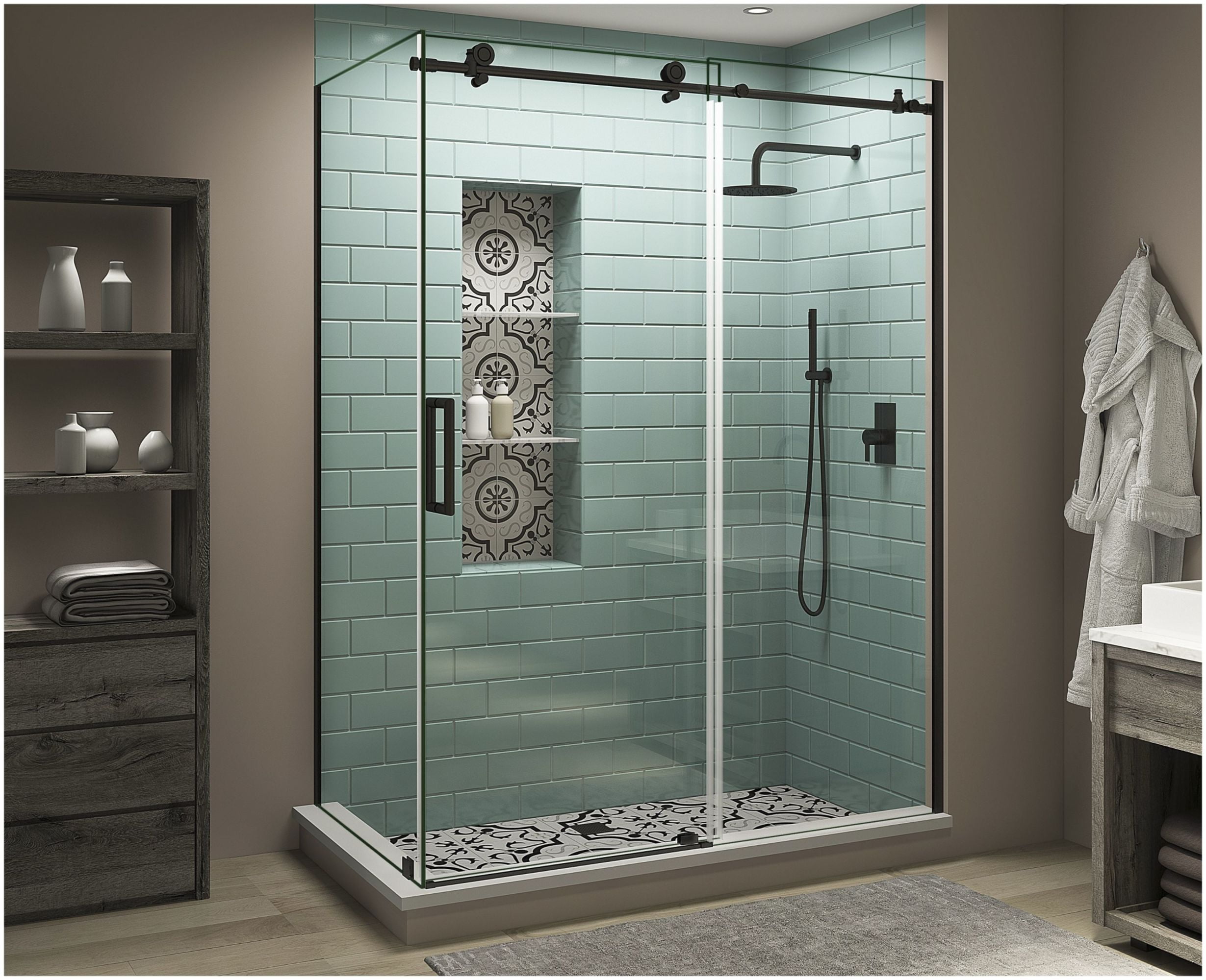 Coraline XL Matte Black Frameless Sliding Shower Enclosure with Clear Glass