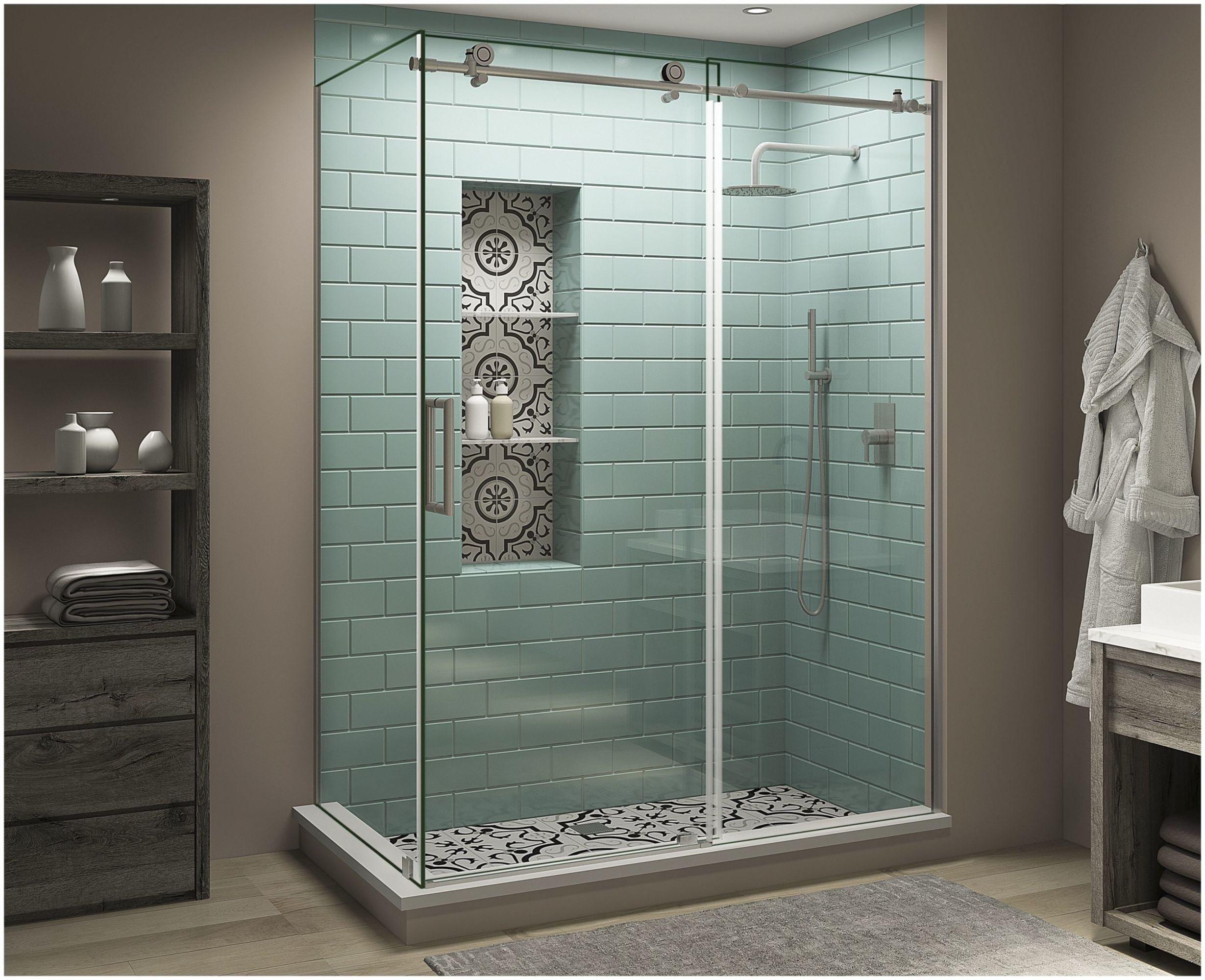 Coraline XL Frameless Sliding Shower Enclosure with Clear Glass and Stainless Steel
