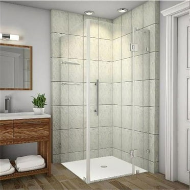 AstonGlobal SEN992-SS-3432-10 Avalux 34 x 32 x 72 in. Completely Frameless Shower Enclosure with Glass Shelves in Stainless Steel