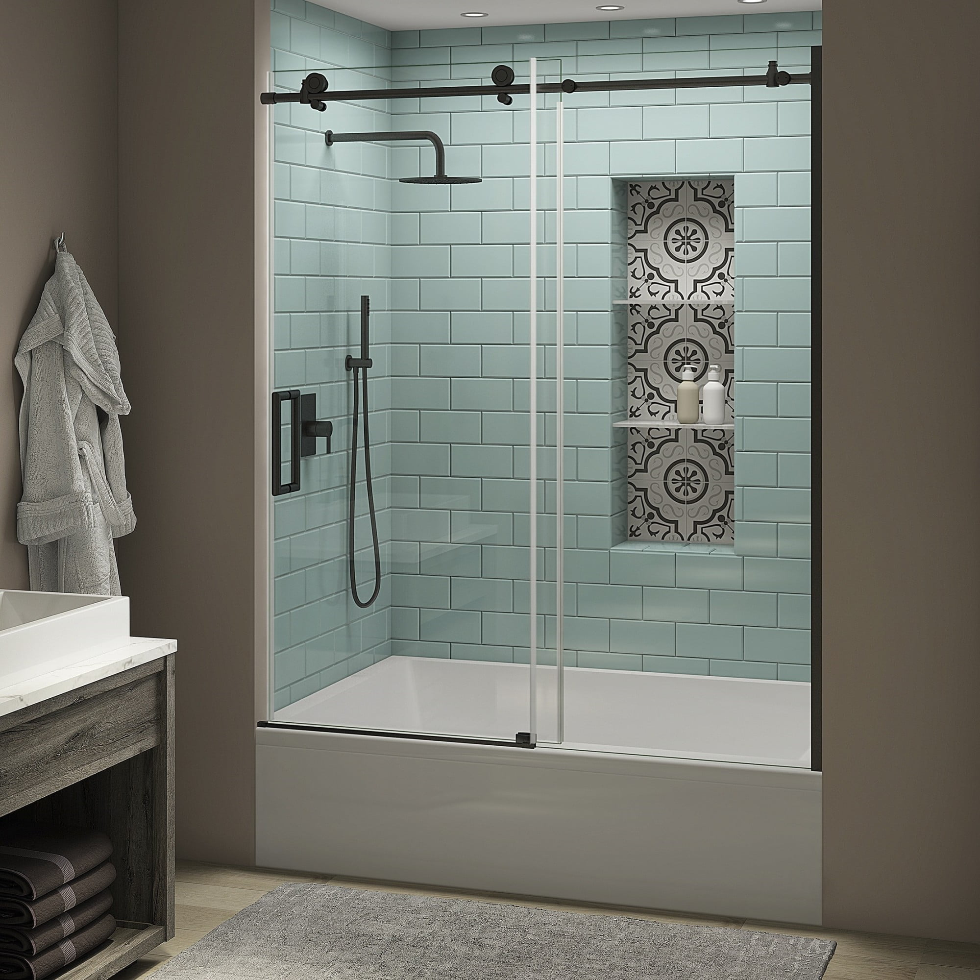 Coraline XL Matte Black Frameless Sliding Tub Door with Clear Glass
