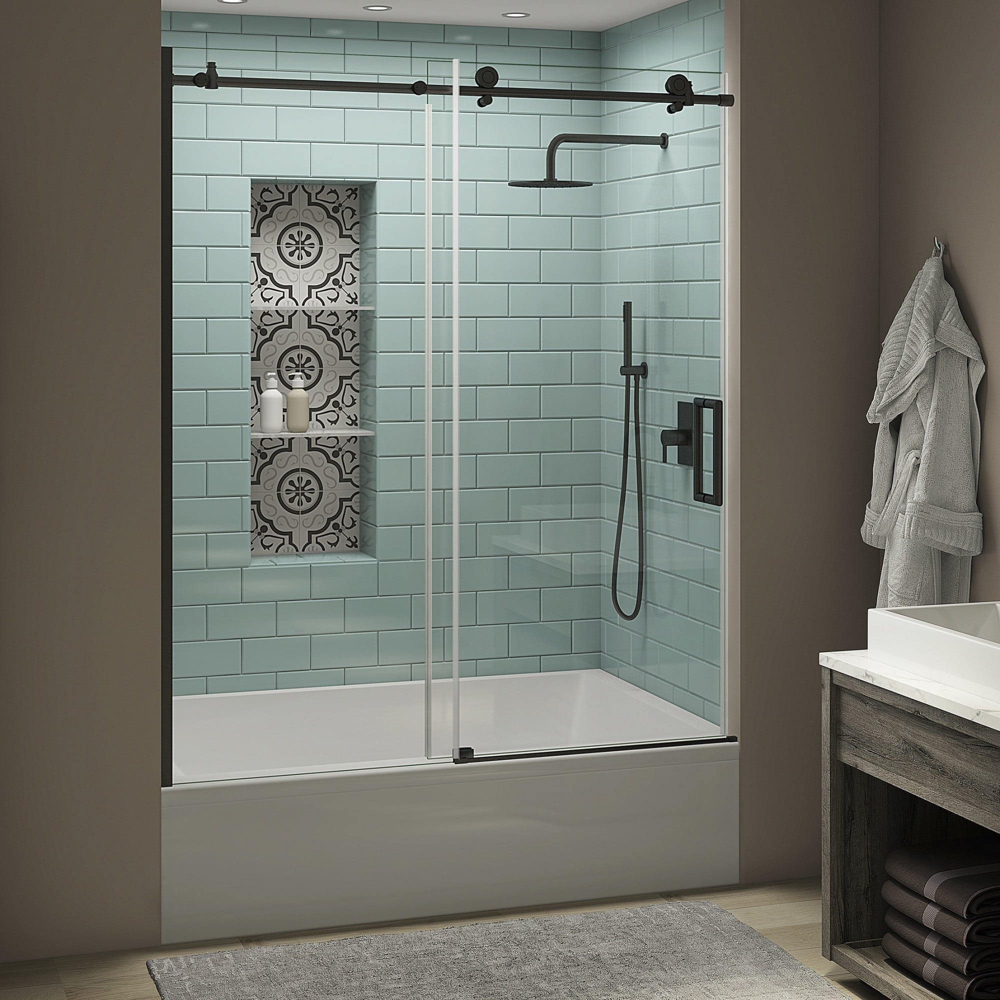 Coraline XL Matte Black Frameless Sliding Tub Door with Clear Glass