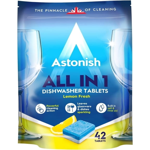 Astonish All In 1 Dishwasher Tablets - Household Cleaner Removes Grease, Grime, & Surface Stains - Dishwasher Soap with Salt & Rinse Aid, Cruelty Free Dishwasher Detergent, Lemon Fresh, 42 Pack