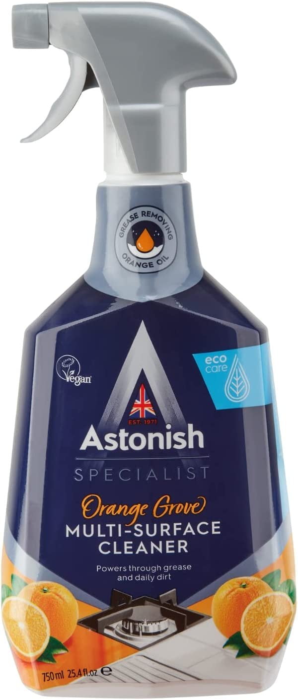 Astonish Specialist Multi Surface Cleaner - Orange Grove Scented Heavy Duty Kitchen Cleaner - Cruelty Free Formula Cuts Through Grease And Stains On Kitchen Surfaces & Oven Doors, 750ml Spray Bottle